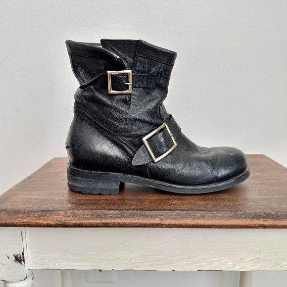 Jimmy Choo Shoes - Jimmy Choo Black Moto Boot Size 36 / 6 Gold Buckle Short Genuine Leather